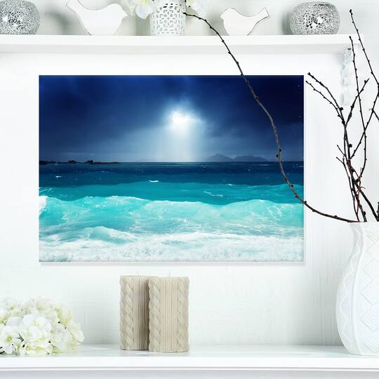 Designart - Neon Sea Waves under Dark Sky